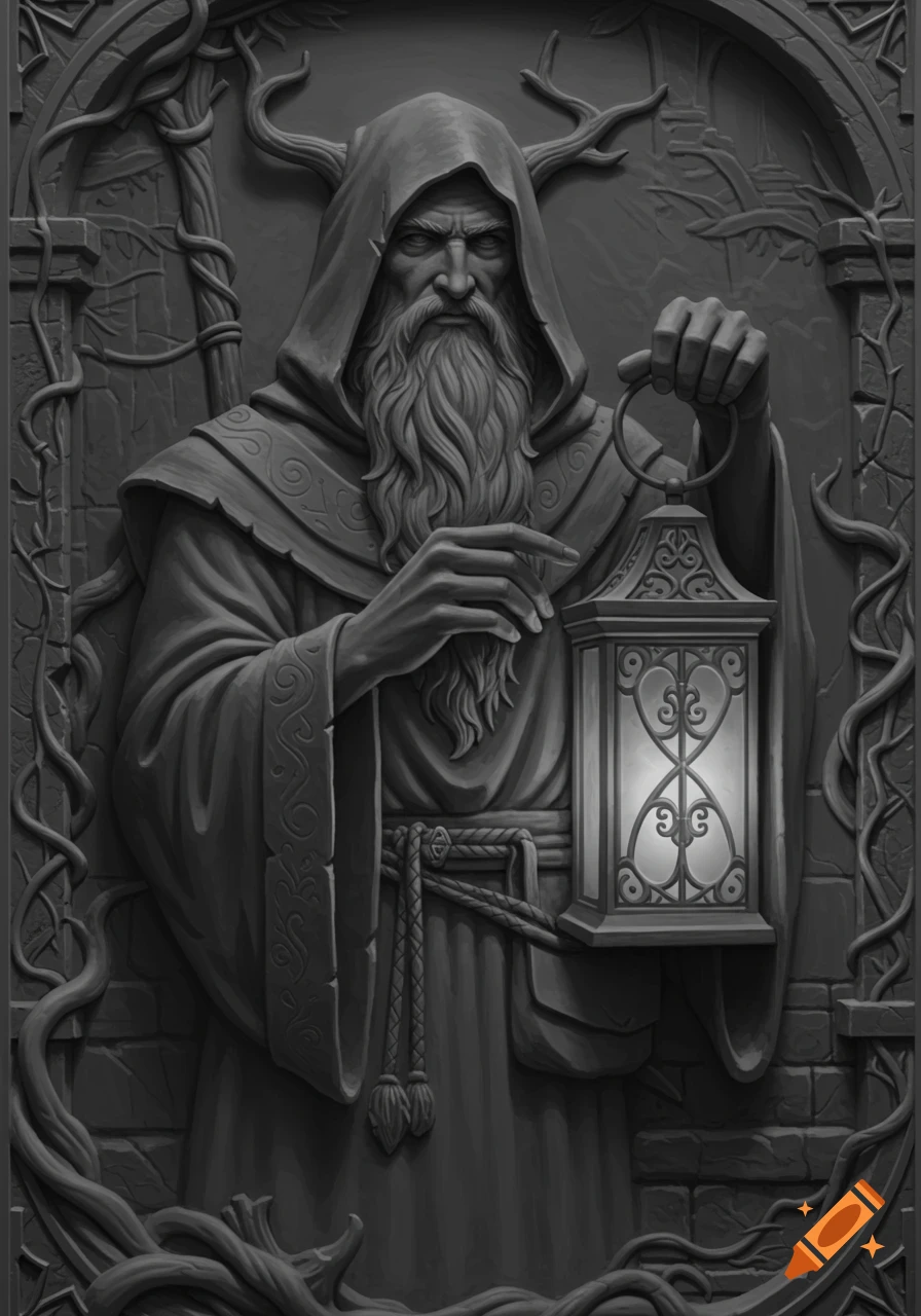 Grey-scale bas relief sculpture of a robed druid with a long beard holding an ornate glowing lantern in a dark, vine-covered setting.