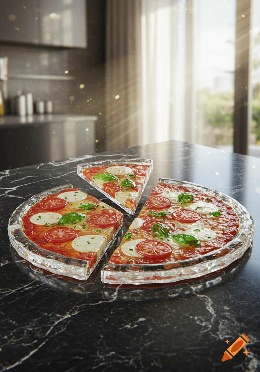 A photorealistic pizza made of glass with tomatoes, mozzarella, and basil on a dark marble counter in a sunny kitchen.