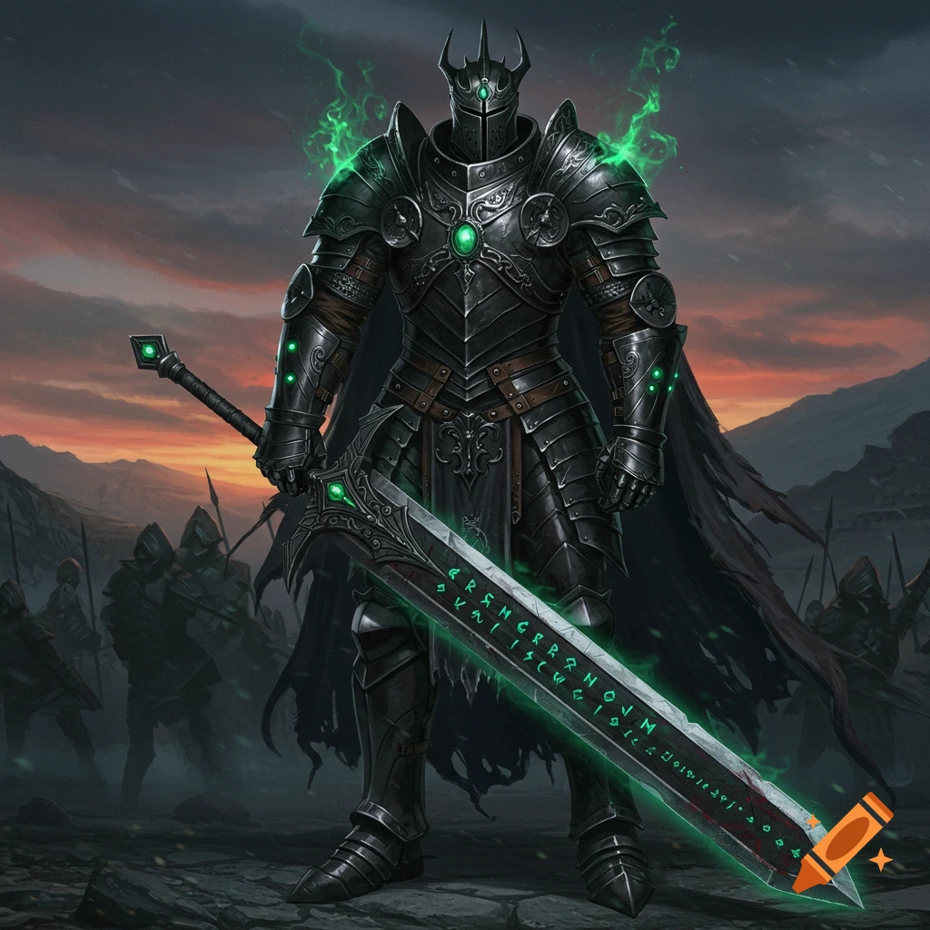 A tall knight in dark, ornate armor with glowing green accents holds a large, glowing greatsword in a desolate landscape at dusk.