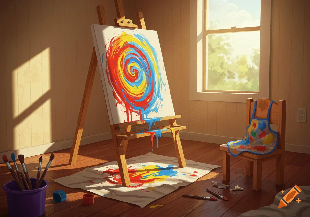 An art easel with a colorful swirl painting and spilled paint sits in a sunny room with art supplies.