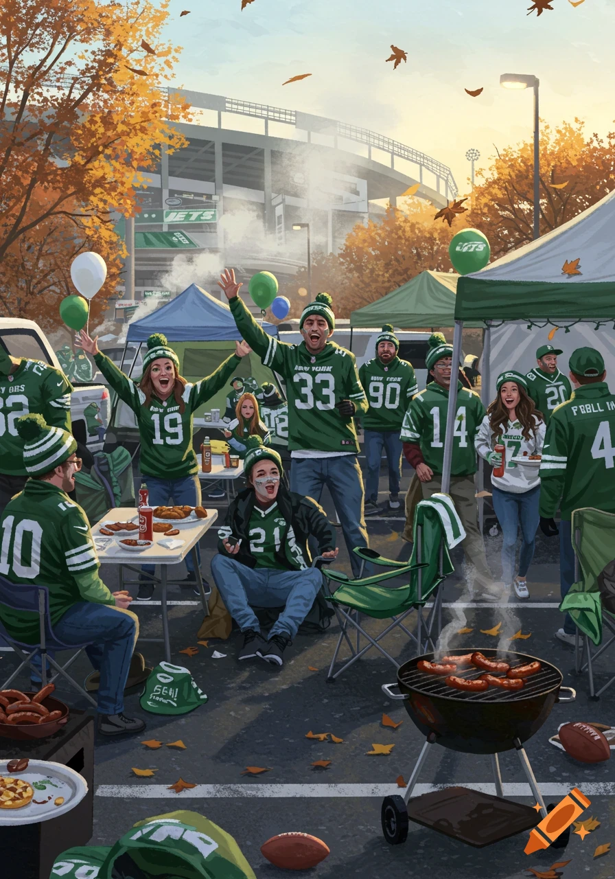 Illustration of New York Jets fans tailgating outside a stadium, grilling food and cheering in autumn.