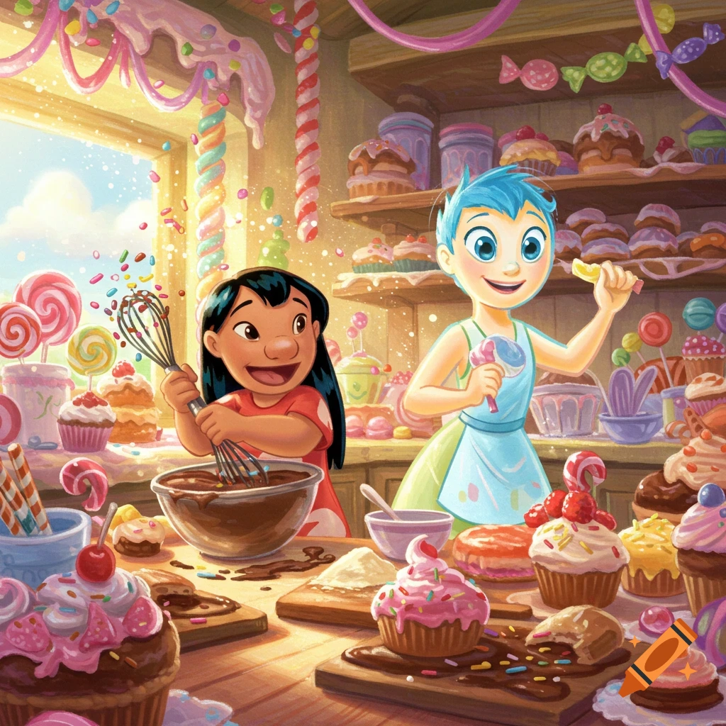 Lilo and Joy happily bake sweets in a whimsical, colorful kitchen filled with candies and desserts.