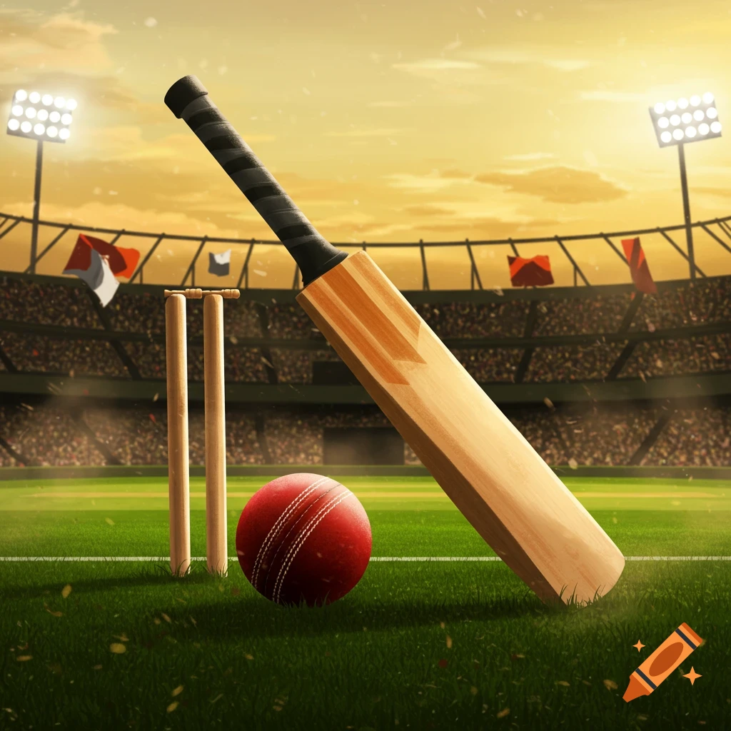 A cricket bat and ball resting on a green pitch in a large stadium under a golden sunset sky.
