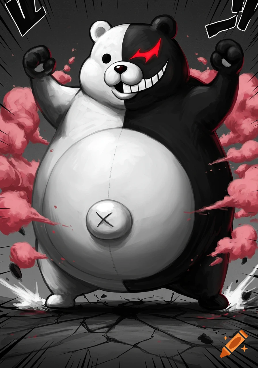 Gigantic, bipedal black and white Monokuma bear with a red eye and wide grin, raising fists amidst red smoke and cracked ground in an anime style.