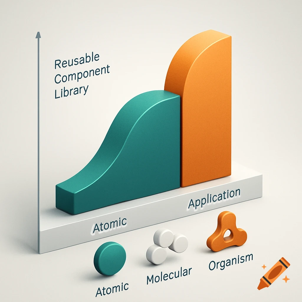 A 3D bar graph shows a teal wave-like bar labeled 'Reusable Component Library' and an orange block labeled 'Application'. Below are icons for 'Atomic', 'Molecular', and 'Organism'.