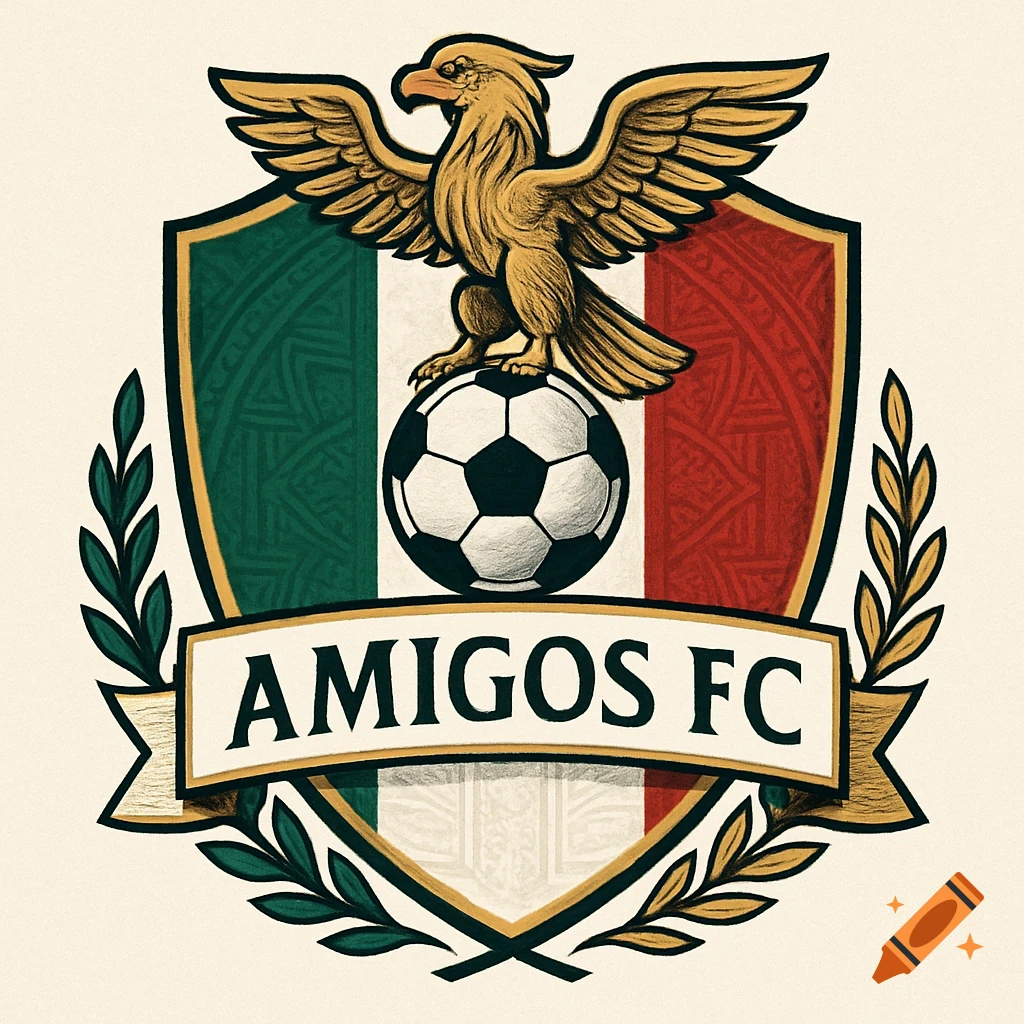 A soccer team logo shaped like a shield, featuring an eagle on a soccer ball, with a Mexican flag background and 'AMIGOS FC' on a banner.