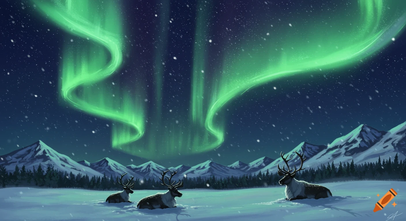 A digital painting of three reindeer lying in a snowy mountain landscape under a vibrant green aurora borealis and falling snow.