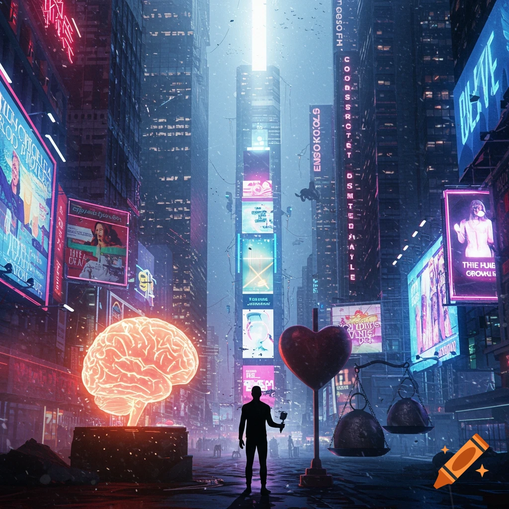 A silhouette of a person stands in a neon-lit cyberpunk city street, a glowing brain on one side and a heart on scales on the other, symbolizing mental and physical health in consumerism.