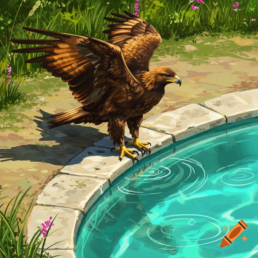 A golden eagle stands on the edge of a stone pool with its wings slightly spread, in an illustrative style.