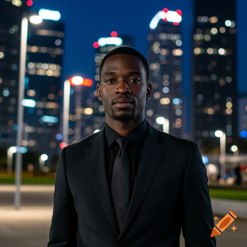 A man in a black suit stands in front of a blurred city skyline at night with lights.