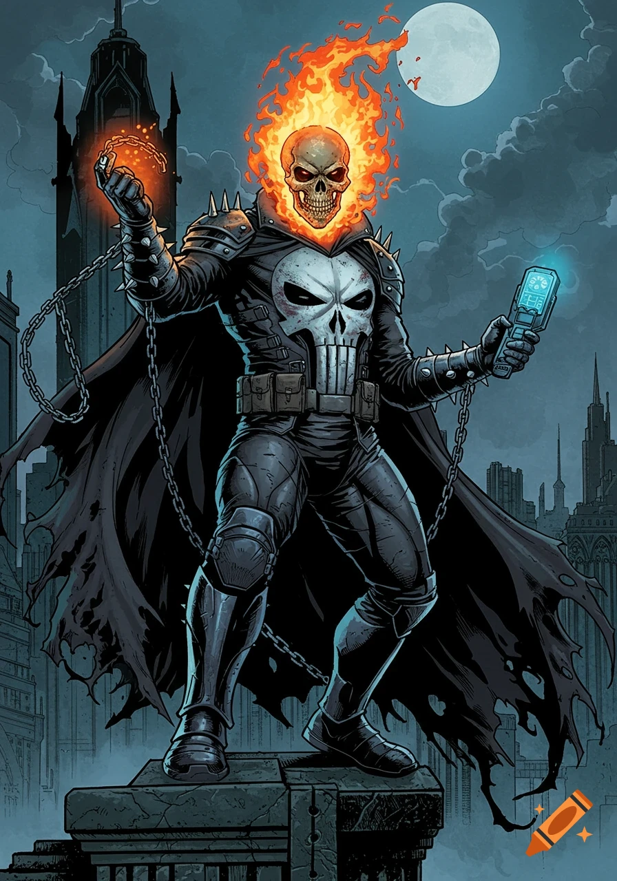 A comic book fusion of Ghost Rider, Batman, and Punisher with a flaming skull head, standing on a rooftop at night.
