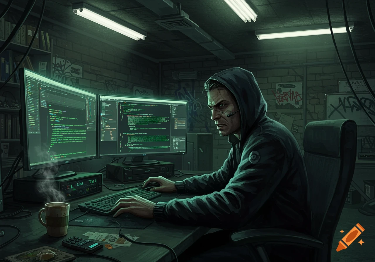 A mean-faced hacker in a hoodie intensely uses two computer monitors displaying green code in a dimly lit, gritty room.