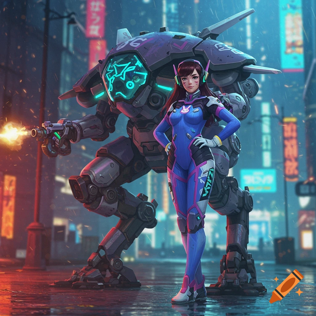 D.Va, a female character in a blue and pink suit, stands beside her large grey mech in a rainy, neon-lit futuristic city street.