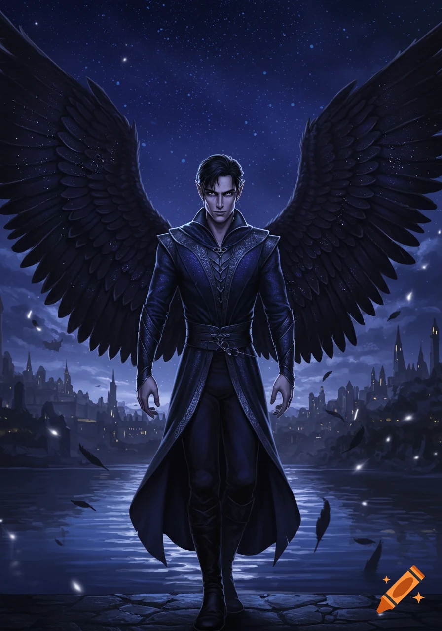A dark-haired man with large black wings and pointy ears stands in a long coat at night, with a city and water behind him under a starry sky.