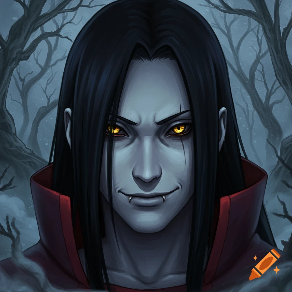 A close-up digital art portrait of Orochimaru with pale skin, black hair, fangs, and glowing yellow eyes, smirking menacingly in a dark forest.