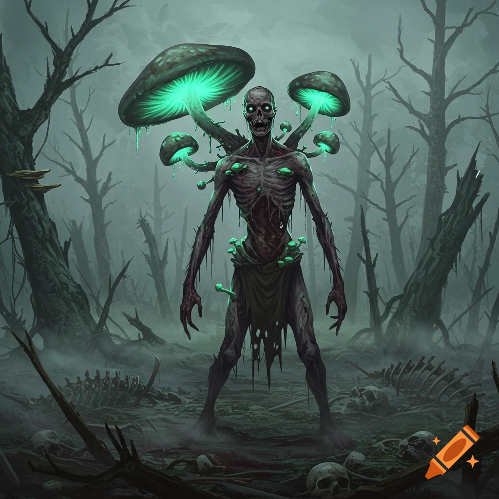 A gaunt, zombie-like creature with glowing green fungi and bones protruding from its body stands in a dark, misty forest with skulls and bones.