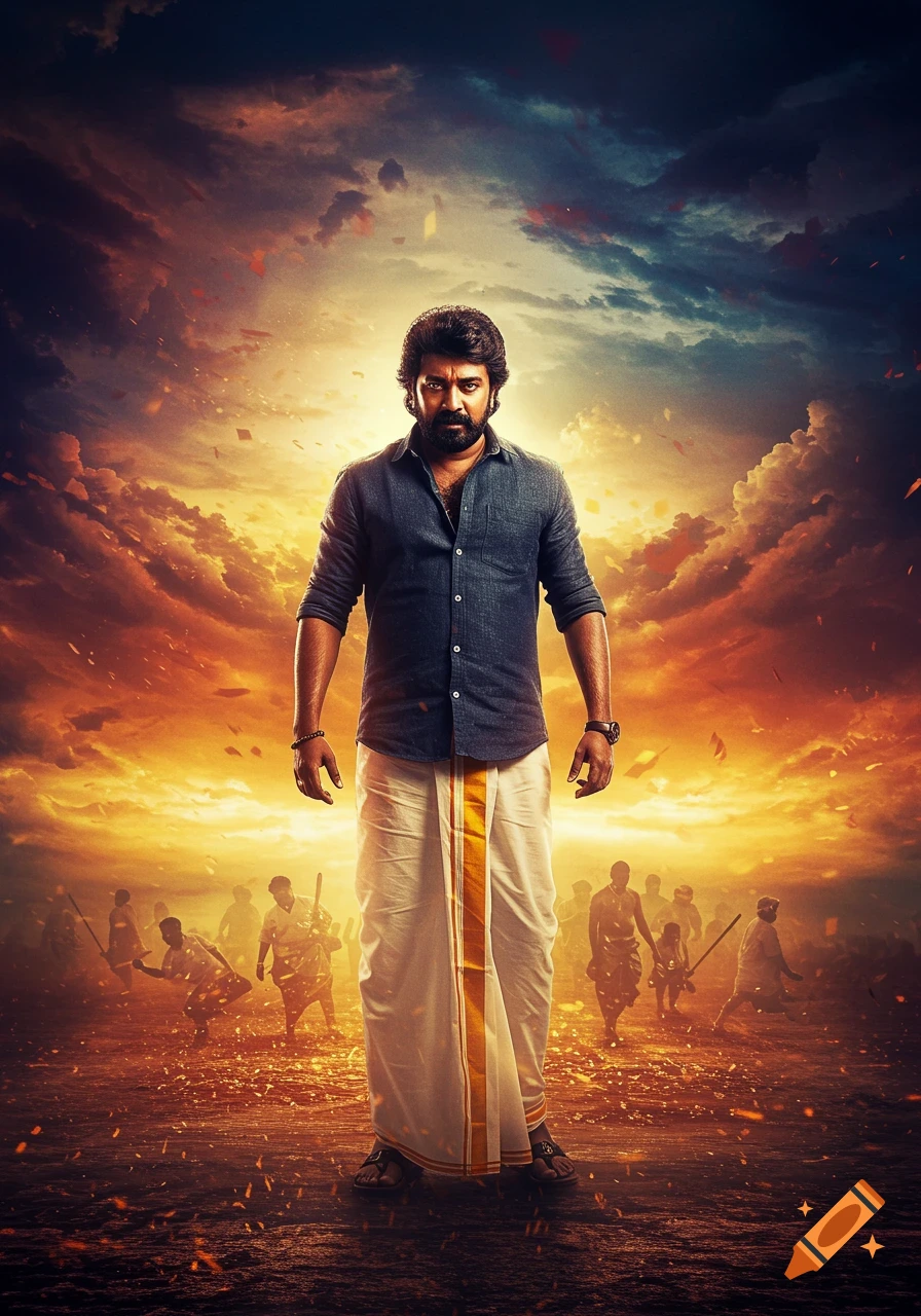 A man in a dark shirt and white dhoti stands powerfully against a dramatic, fiery sunset sky with silhouetted figures.