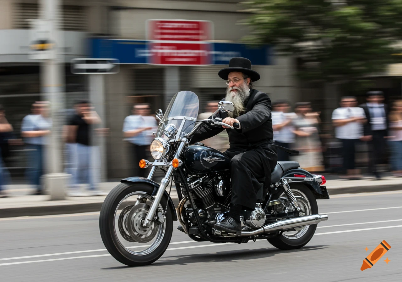 A bearded man in a black hat and coat rides a motorcycle on a city street, captured with motion blur in the background. Photorealistic style.
