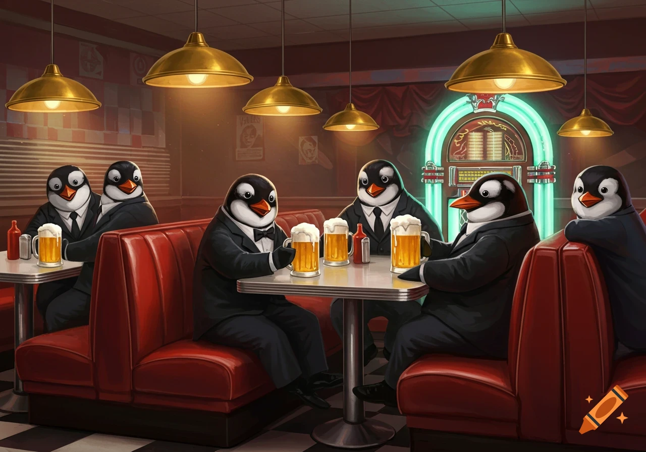 Penguins wearing suits in a retro diner, sitting in red booths and drinking beer.