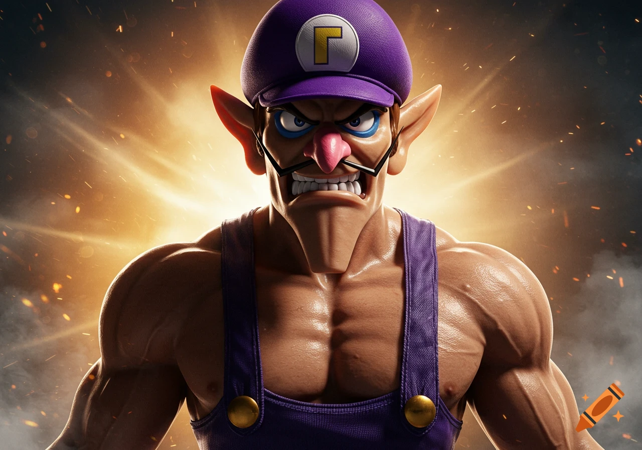 Muscular, intense Waluigi in purple cap and overalls with a pink nose and mustache against a dramatic fiery background.