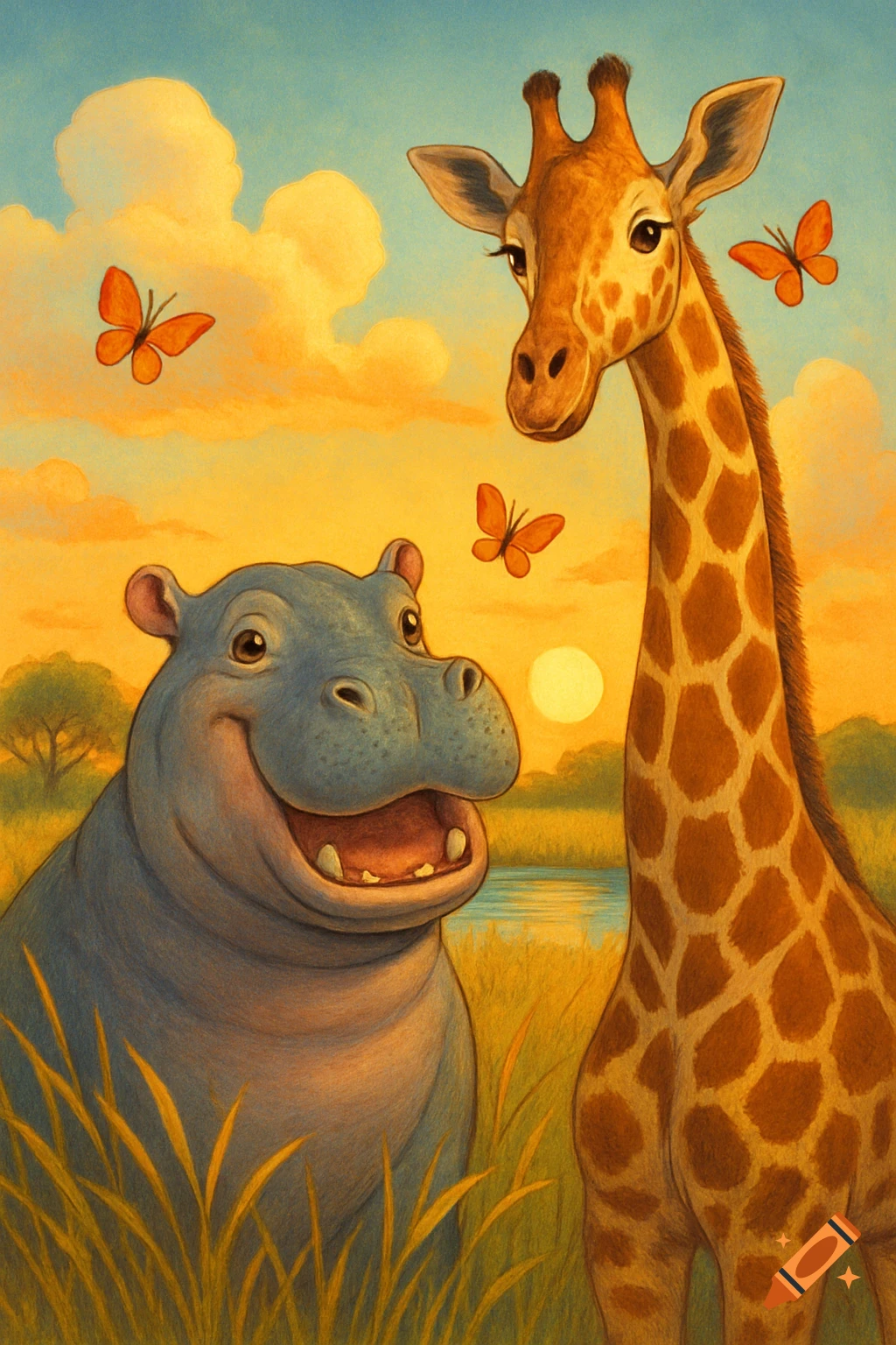 Colorful illustration of a smiling hippo and a giraffe standing in a savanna field at sunset with butterflies.