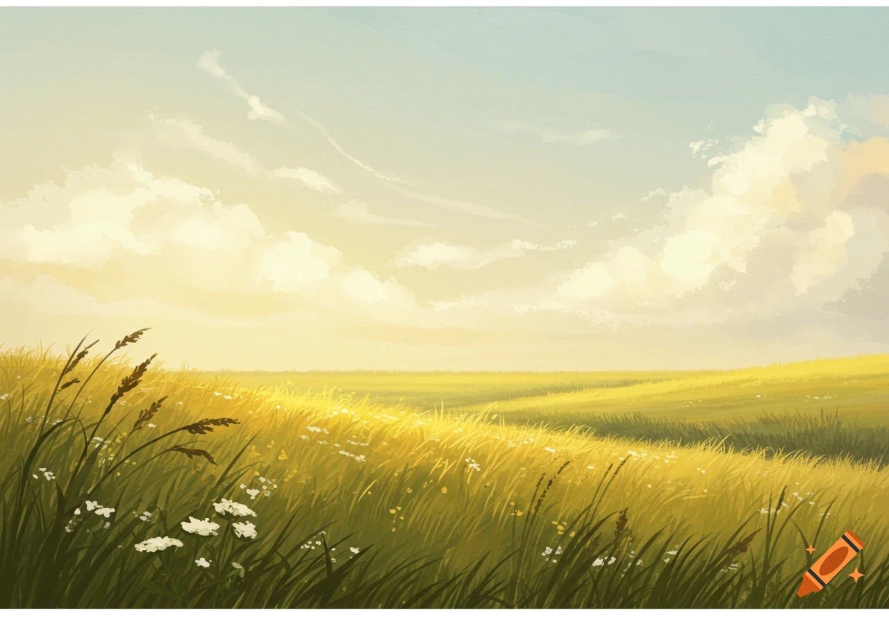 Digital painting of a sunny golden field with tall grass and white wildflowers under a blue sky with clouds.