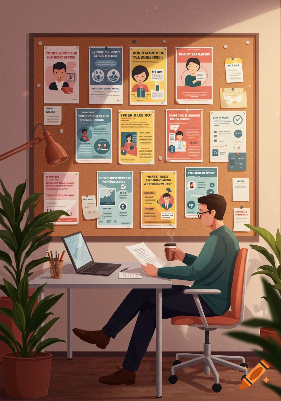 An illustration of a man with glasses sitting at a desk with a laptop and papers, in front of a corkboard with posters.
