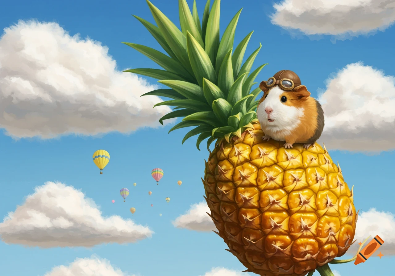 A whimsical illustration of a guinea pig wearing a pilot's helmet sitting on a giant pineapple floating in a blue sky with clouds and hot air balloons.