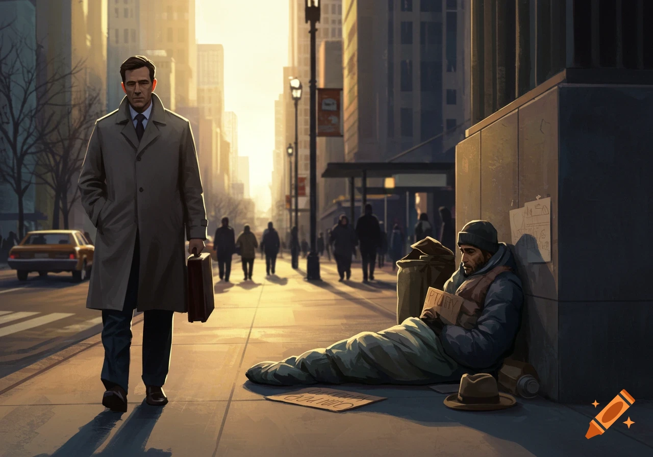 A man in a trench coat walks past a homeless person begging on a sunny city street.