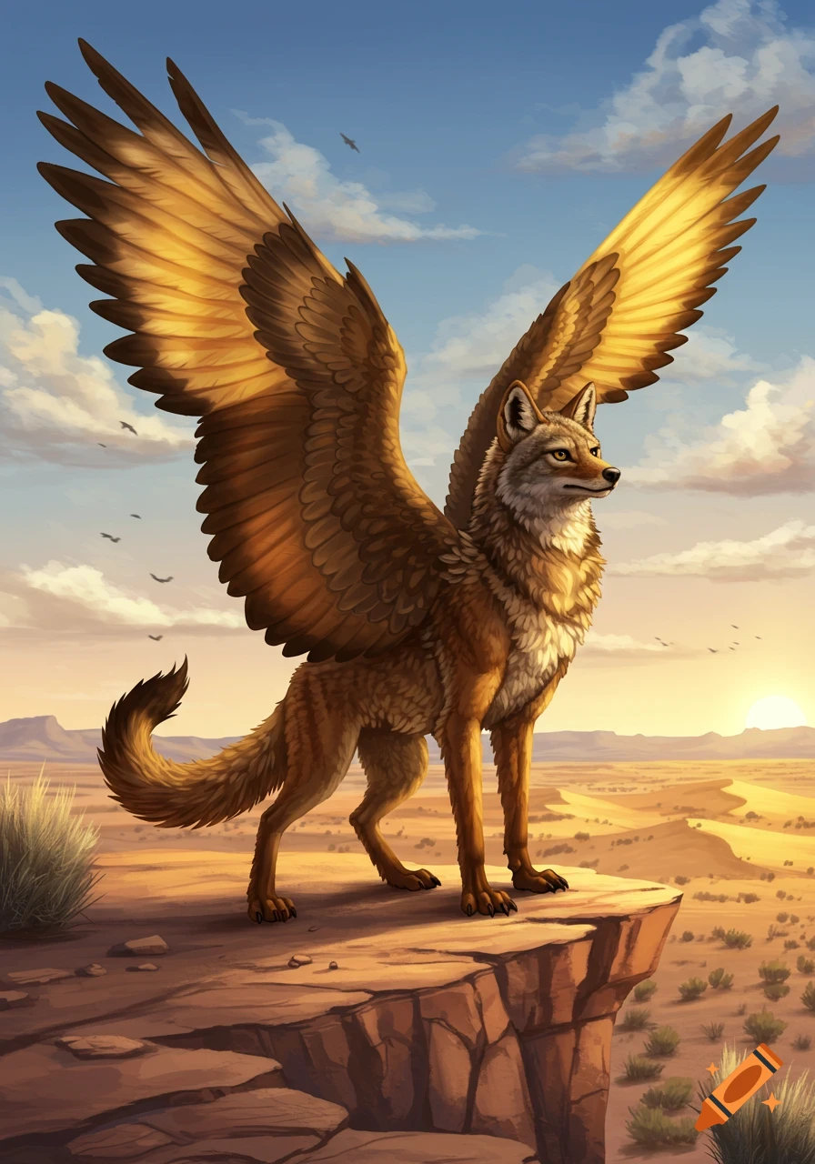 A winged coyote-like creature stands on a cliff overlooking a vast desert at sunset, digital painting style.