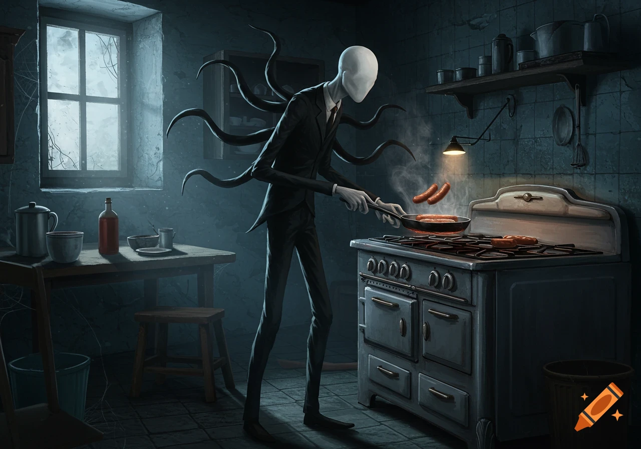 Slenderman cooking hotdogs on a stove in a dark, rustic kitchen. Stylized illustration.