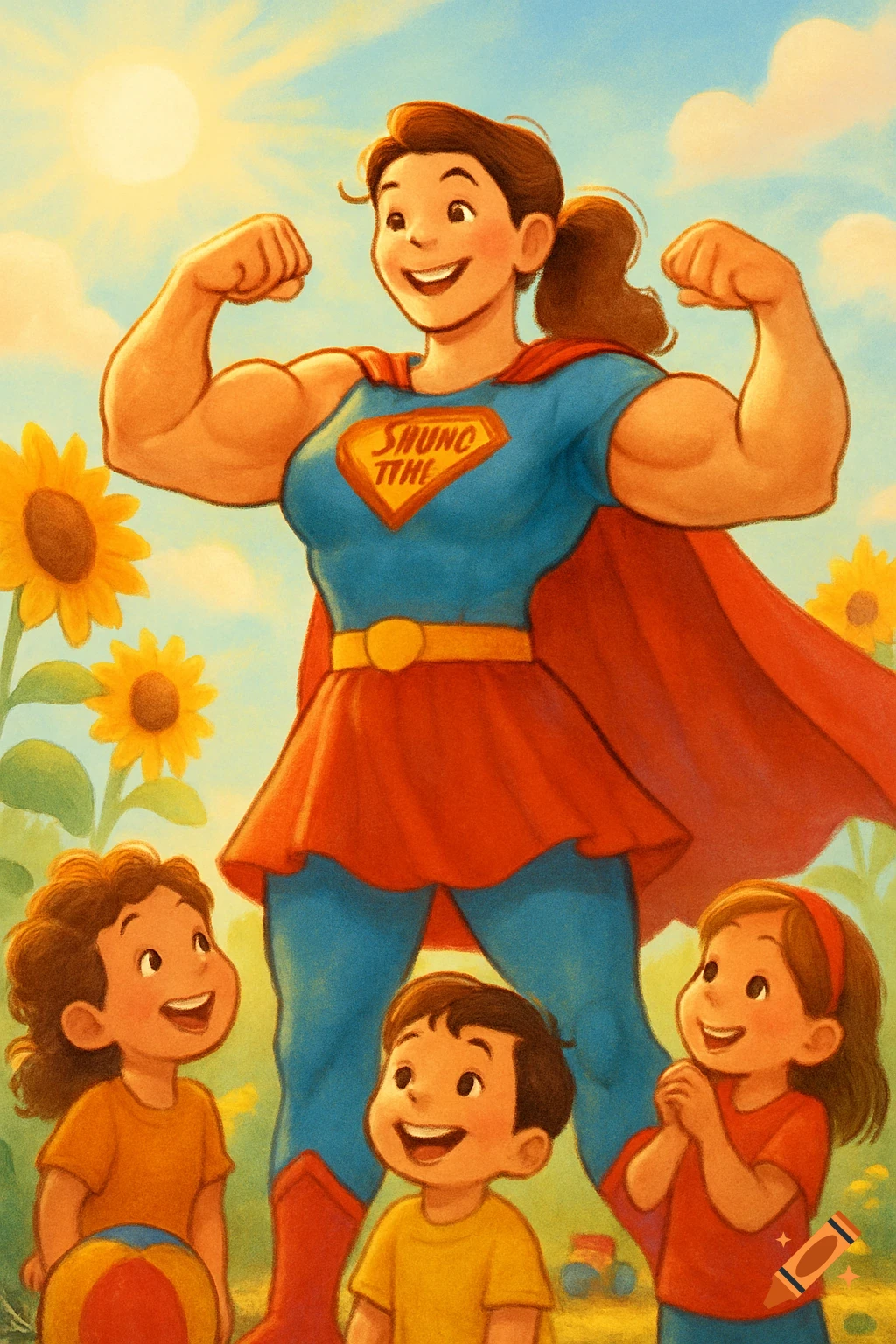 A smiling superhero mom with large muscles flexes for three happy children in a sunny field with sunflowers, in an illustration style.