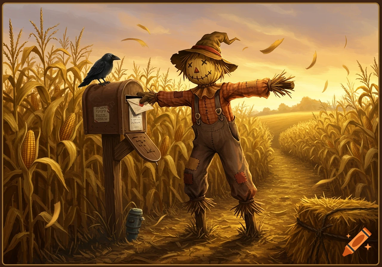 An illustration of a scarecrow in a cornfield reaching for a letter in a mailbox with a crow perched on top at sunset.