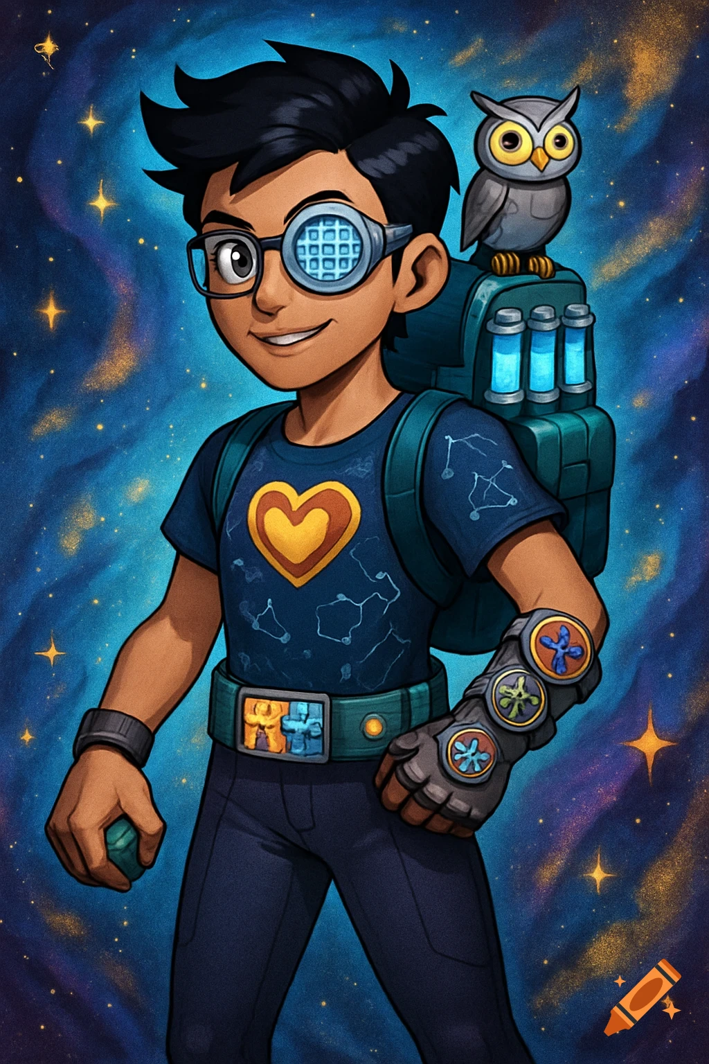 A smiling cartoon boy with futuristic goggles, a heart shirt, and a backpack with an owl, standing against a starry sky.