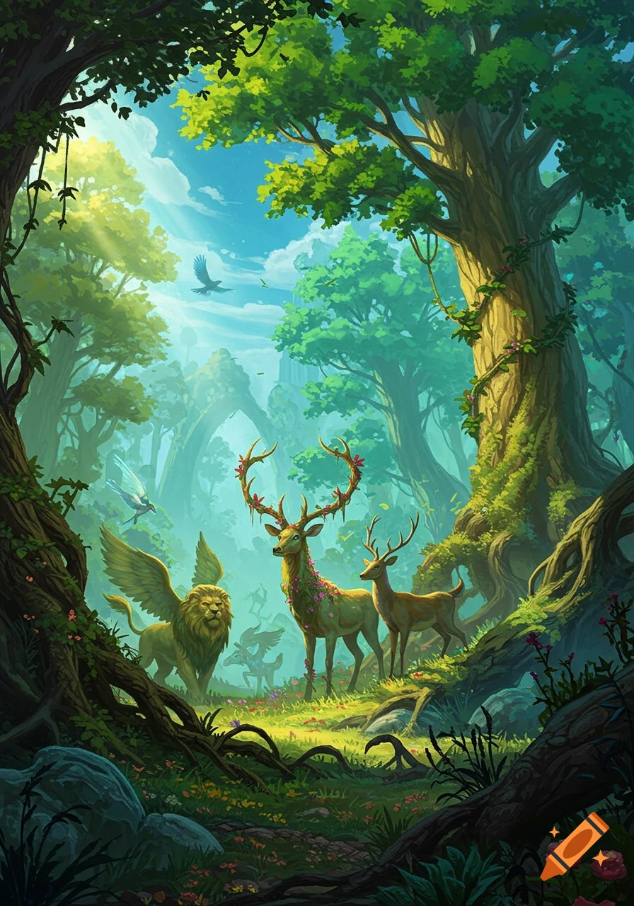 A vibrant fantasy forest scene featuring a majestic deer with flowering antlers, a winged lion, and other magical creatures bathed in sunlight among lush trees.
