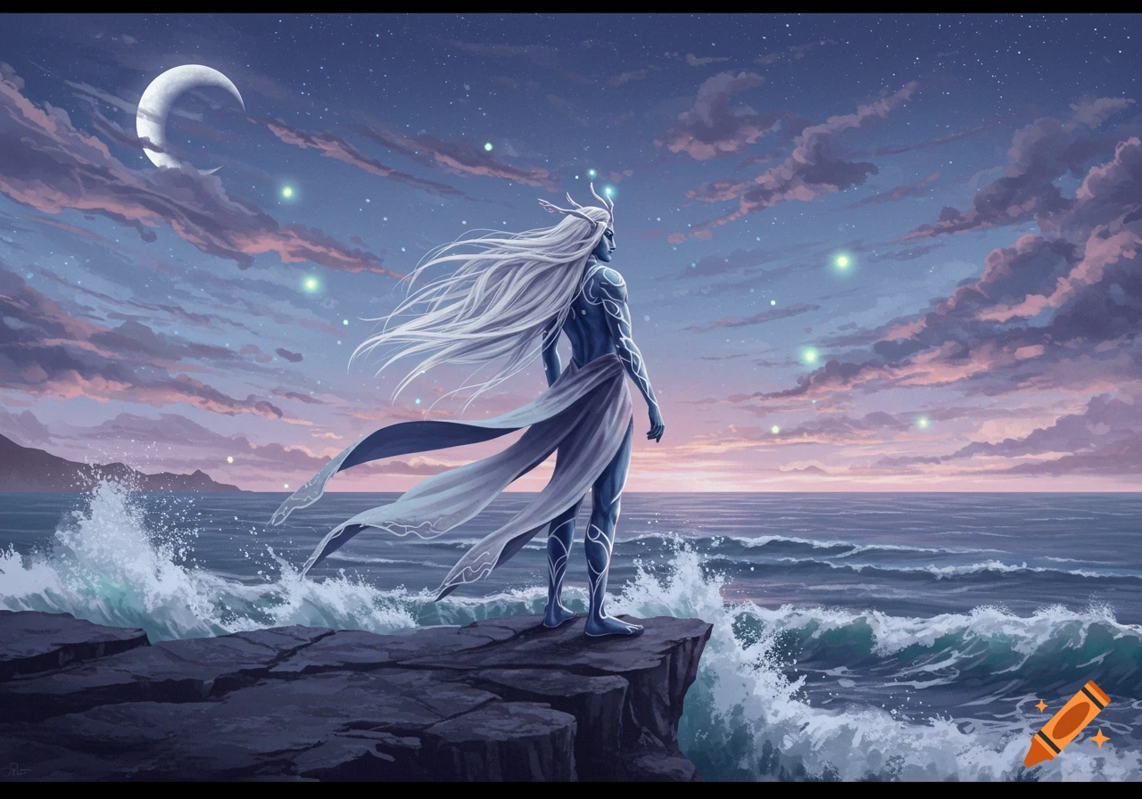 A fantasy figure with long white hair stands on a rocky cliff overlooking a moonlit ocean under a starry sky.