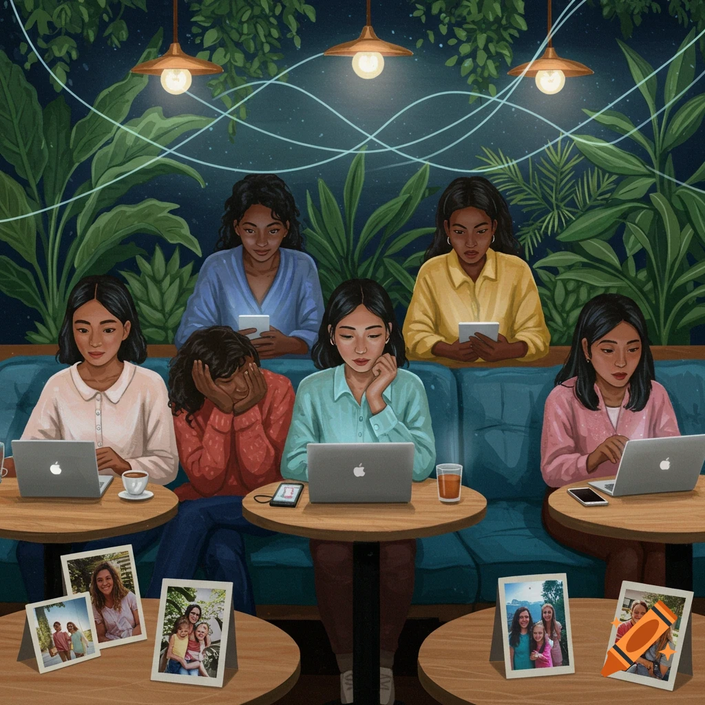 Illustration of diverse women in a cafe, some working on laptops, others on phones, with framed photos on tables.