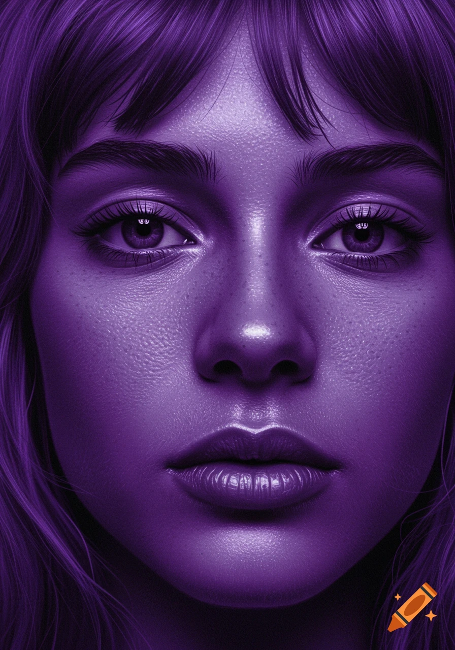 A close-up hyperrealistic monochromatic portrait of a woman's face in shades of purple.