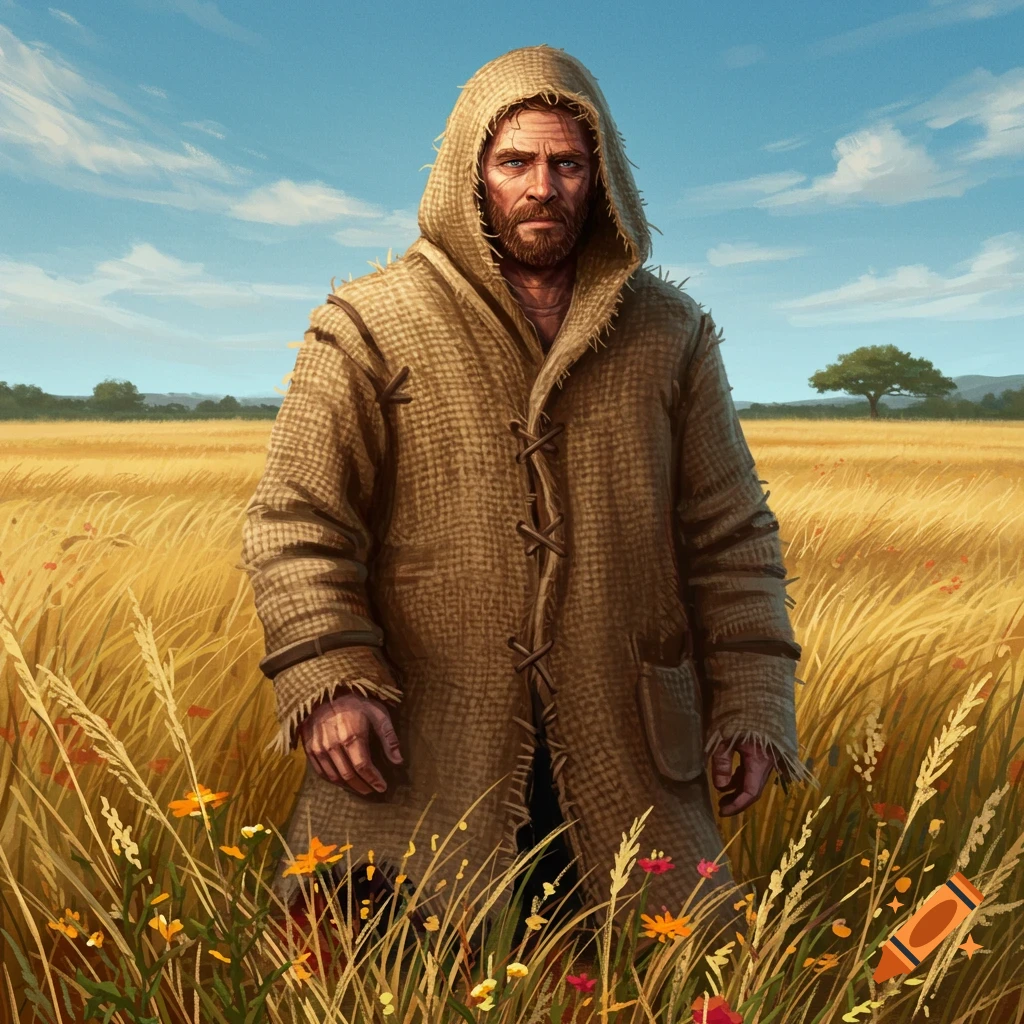 A bearded man in a hooded burlap coat stands in a golden wheat field with wildflowers under a blue sky, digital painting.