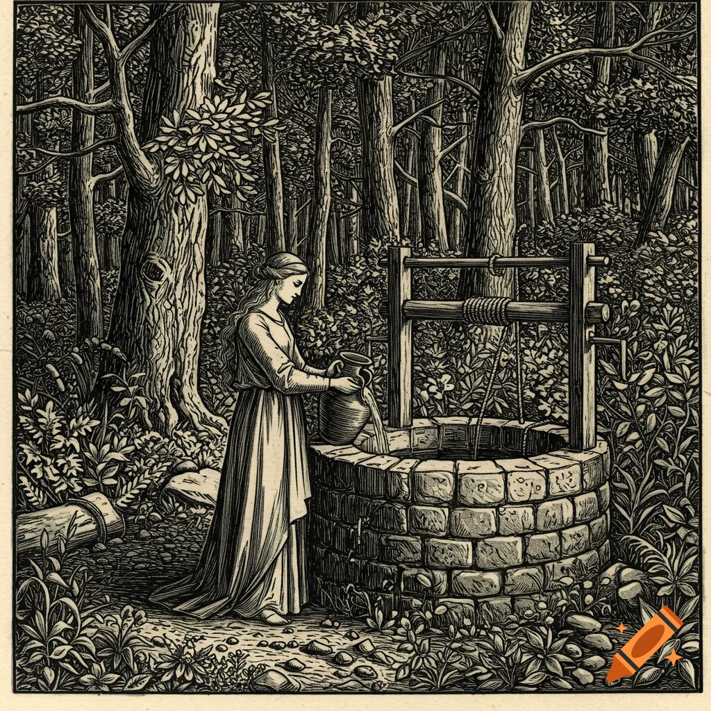 A medieval woman in woodcut style pouring water into a well in a dark forest.