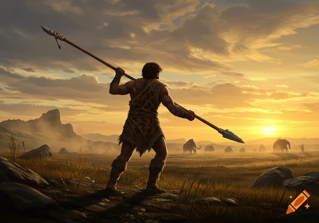 A caveman with a spear overlooks a herd of mammoths at sunset in a vast landscape.