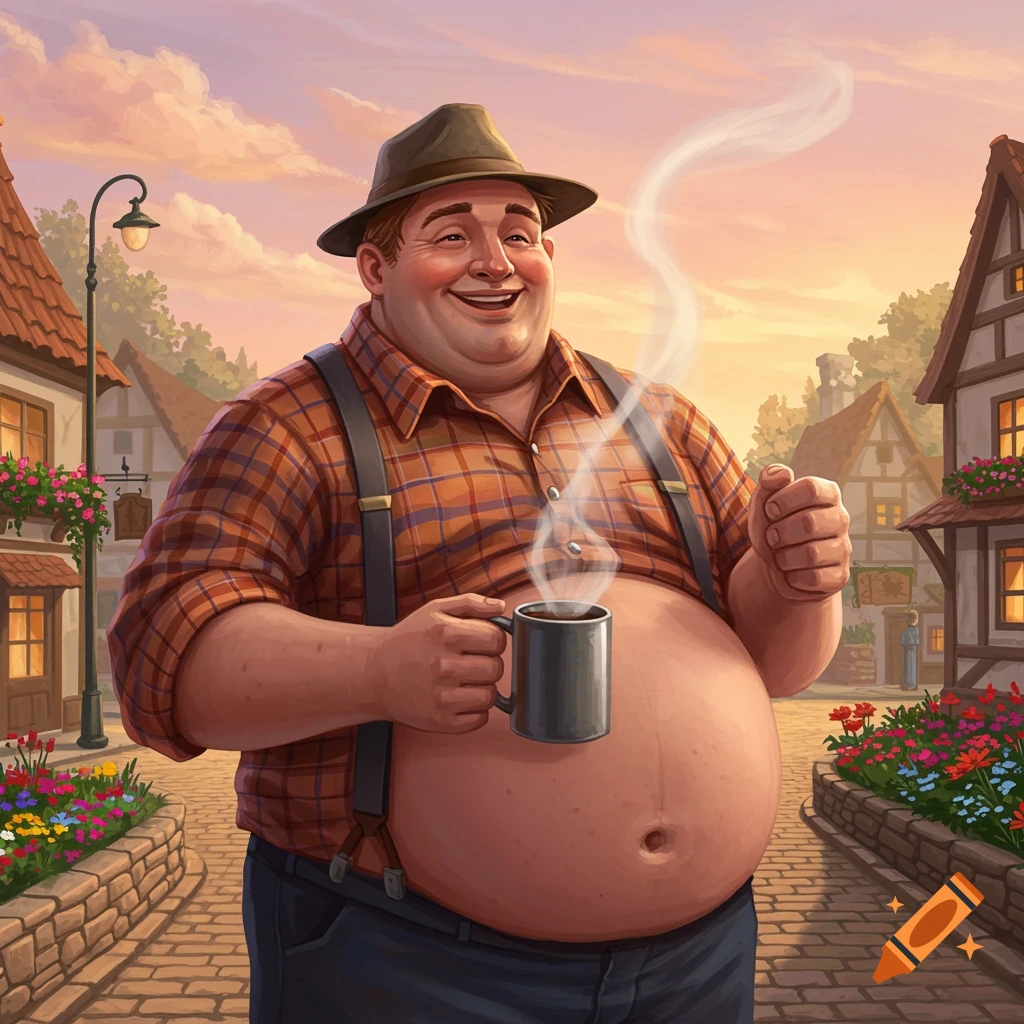 An illustration of a smiling, large-bellied man in a hat and suspenders, holding a steaming coffee cup in a picturesque village.