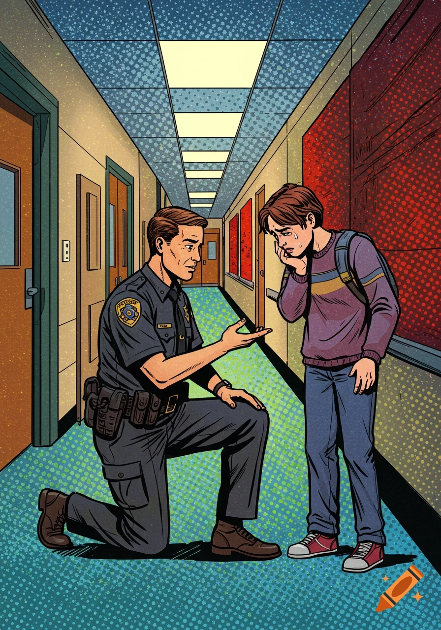 Pop art comic of a police officer kneeling to talk to a crying student in a school hallway, emphasizing empathy.