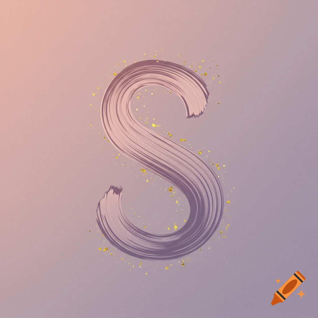 A letter S formed by a wide, textured brushstroke in shades of lavender and pink, with golden glitter scattered around it on a gradient background.
