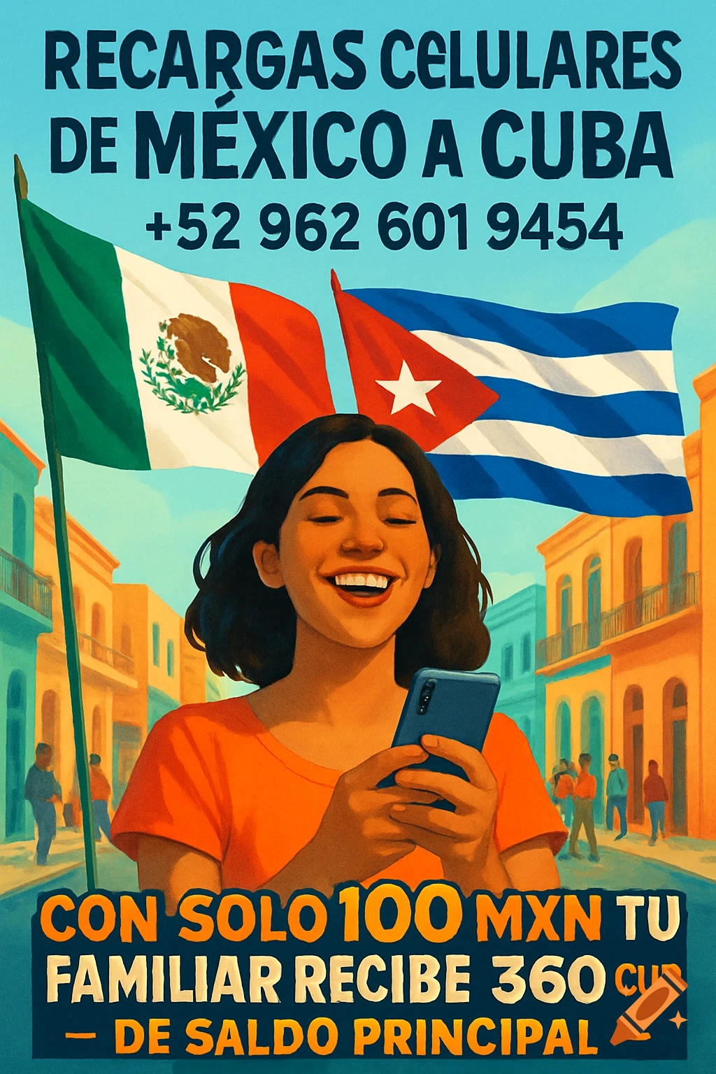 Smiling woman holds a smartphone in front of Mexican and Cuban flags, with text advertising cell phone recharges. Stylized poster.