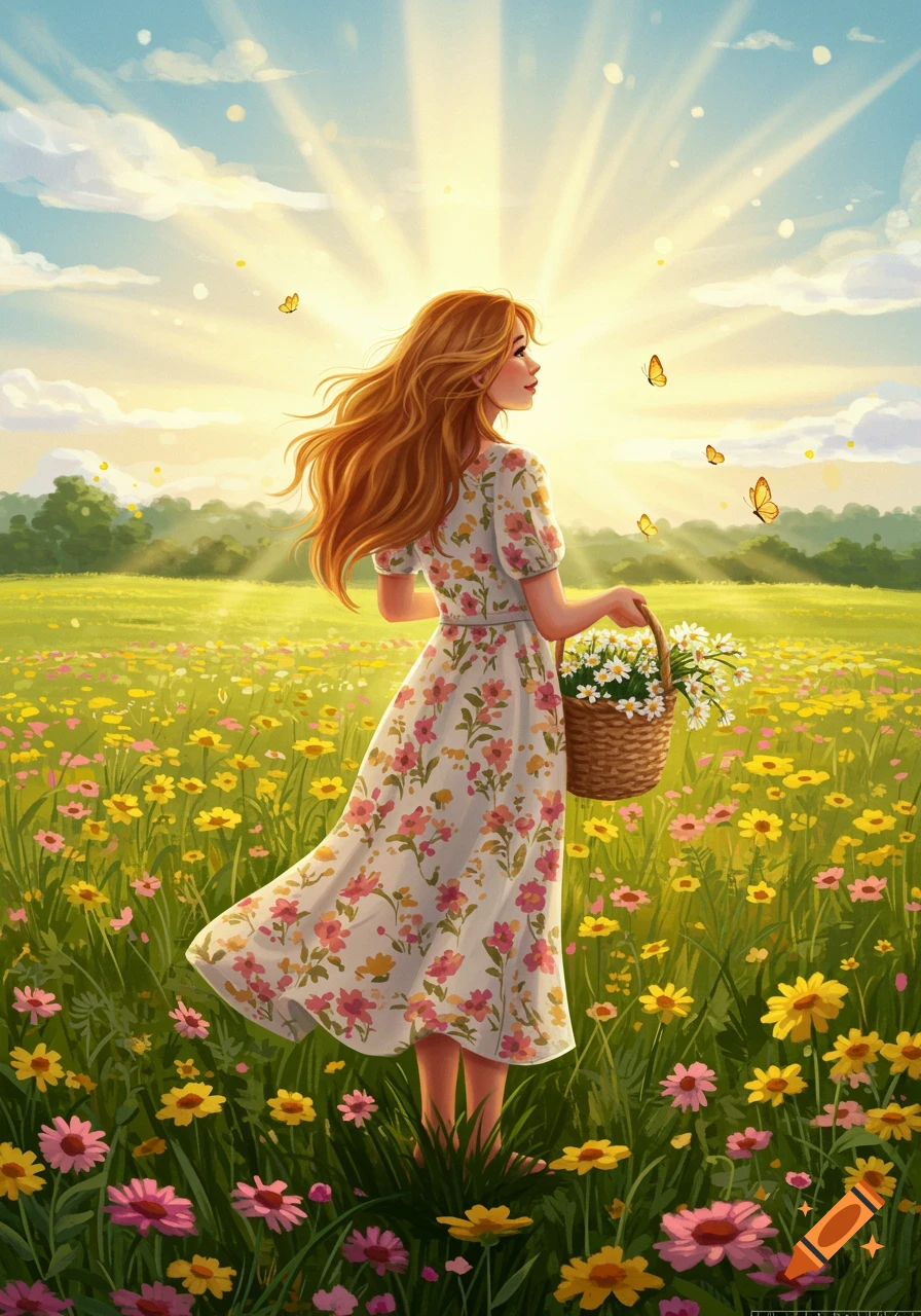 A woman with long red hair in a floral dress stands in a sunny field of yellow and pink flowers, holding a basket of daisies, in an illustrated style.