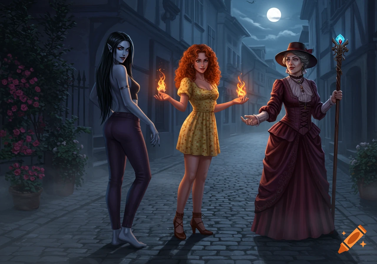 Three women, a vampire, a fire-wielding woman, and a Victorian-dressed woman with a staff, stand on a cobblestone street at night.