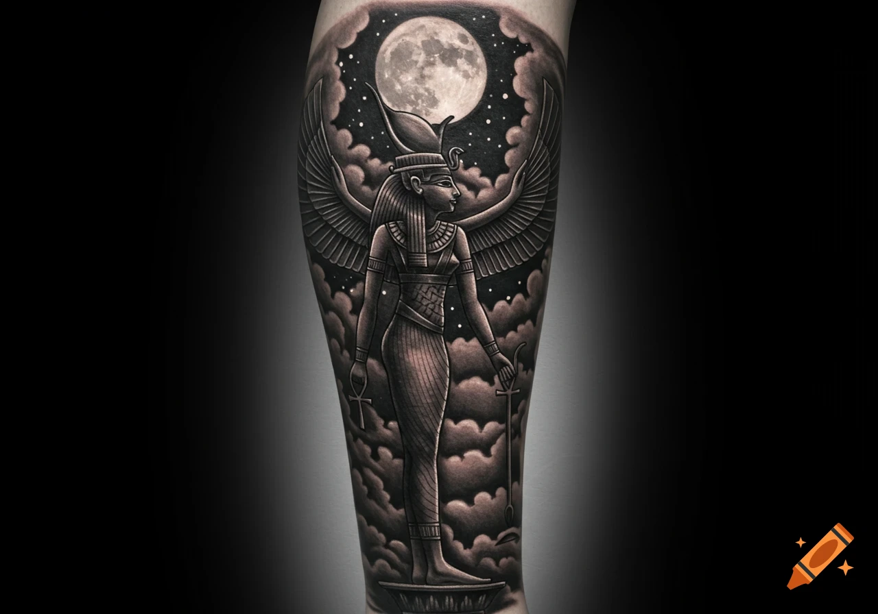 A highly detailed black and grey tattoo of an winged Ancient Egyptian goddess, holding an ankh, against a cloudy, starry night with a full moon.