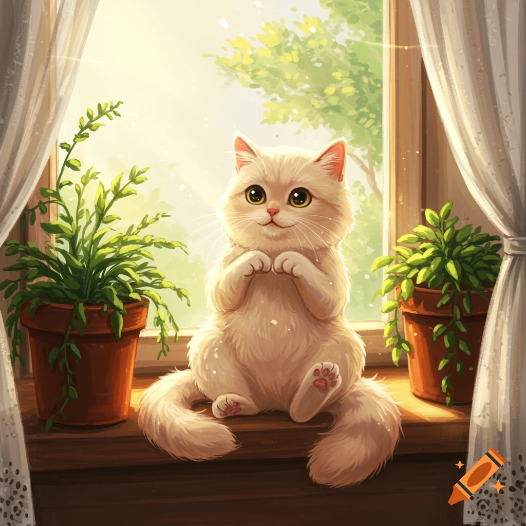 A cute fluffy white cat with large yellow eyes sits on a sunlit wooden windowsill between two potted plants, looking happy.