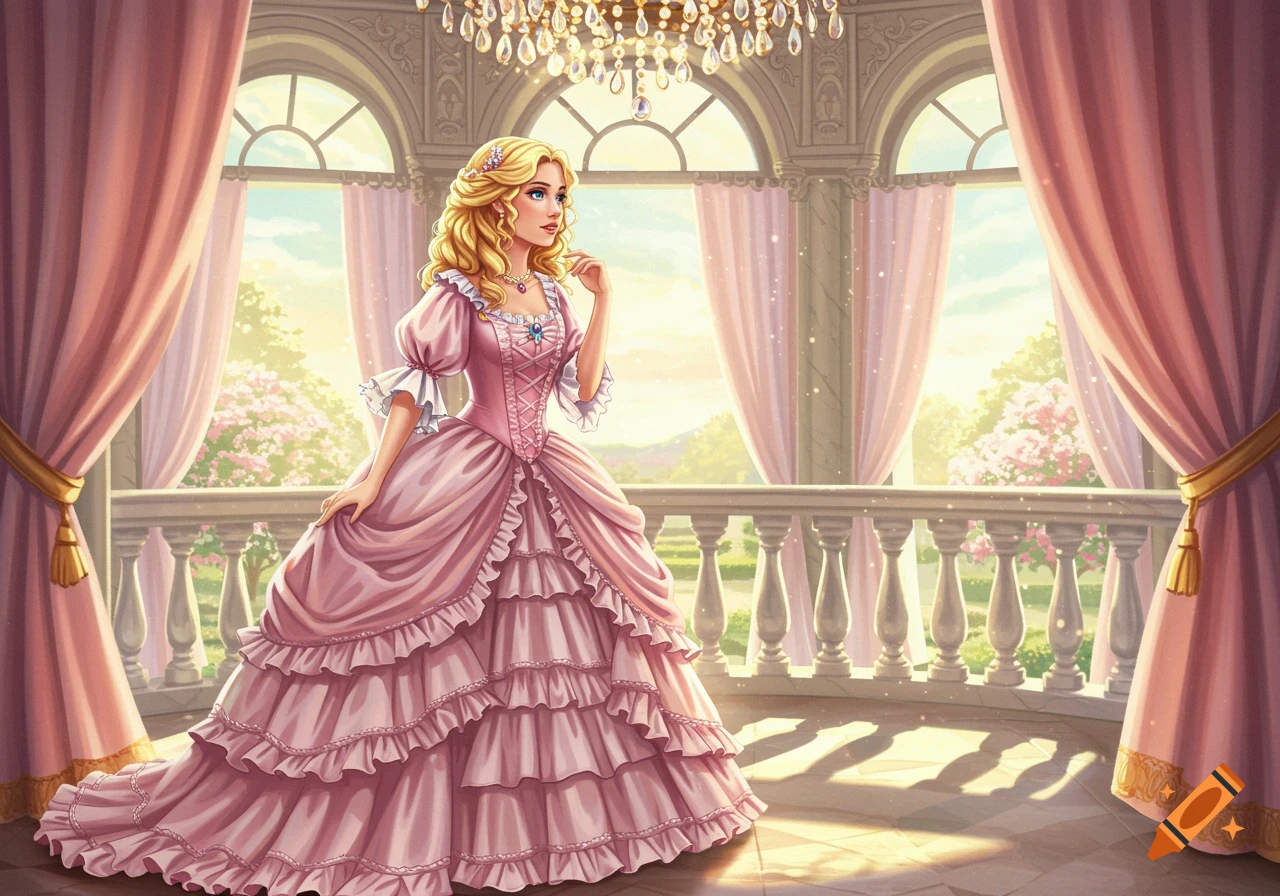 A blonde princess in a pink frilly dress stands on a grand balcony overlooking a lush garden, in an animated style.